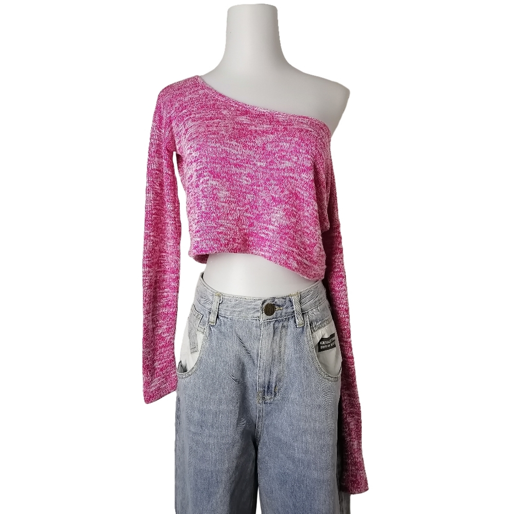 🦄 loose pink and white crew neck knit cropped top by Oseney